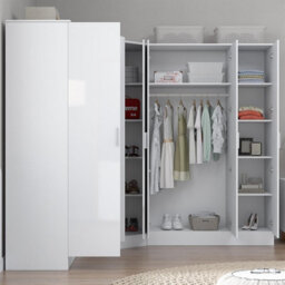 Reflect 3Pc Wardrobe Bundle - 2 Door Corner + 3 Door Mirror + 2 Door Plain - White Gloss & Matt White - H: 180Cm X W: 291Cm - thumbnail 4