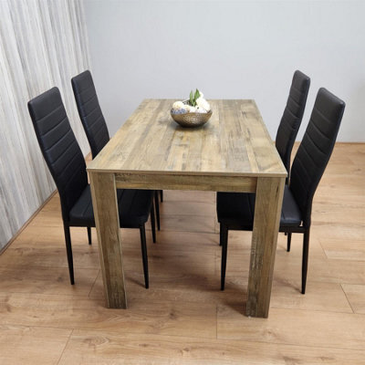 Kosy Koala Dining Table And 4 Chairs Set - Rustic Effect Wood Dining Table With 4 Black Chairs Dining Room Furniture - image 1