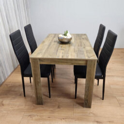 Kosy Koala Dining Table And 4 Chairs Set - Rustic Effect Wood Dining Table With 4 Black Chairs Dining Room Furniture - thumbnail 1