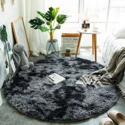 Dark Grey Round 160Cm Large Soft Touch Rug Antiskid Shaggy Rug Fluffy Bedroom Rugs Modern Tie-Dye Carpet - image 1