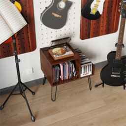 Record Player Stand With Power Outlet Black Mid Century Modern End Table Walnut - thumbnail 4
