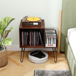 Record Player Stand With Power Outlet Black Mid Century Modern End Table Walnut - thumbnail 5