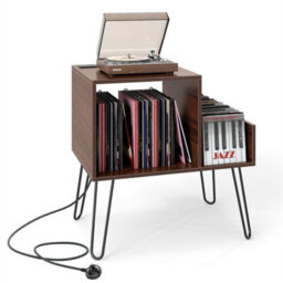 Record Player Stand With Power Outlet Black Mid Century Modern End Table Walnut - thumbnail 1