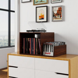 Record Player Stand With Power Outlet Black Mid Century Modern End Table Walnut - thumbnail 3