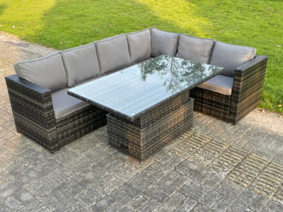 Fimous 6 Seater Rattan Corner Sofa Set Rising Adjustable Dining Table Set With Seat And Back Cushion - image 1