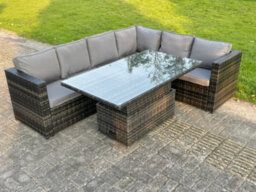 Fimous 6 Seater Rattan Corner Sofa Set Rising Adjustable Dining Table Set With Seat And Back Cushion