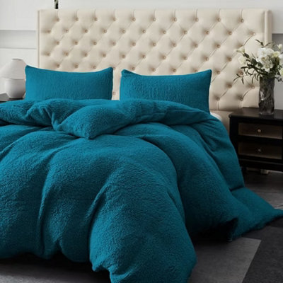 Winter Warm Soft Teddy Fleece Duvet Cover Set Cosy Fluffy Bedding With Matching Pillowcases Teal Color