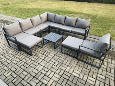 Fimous Aluminium Outdoor Garden Furniture Set Lounge Corner Sofa Chair Square Coffee Table Sets With 2 Big Footstools