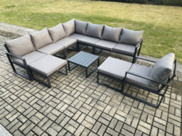 Fimous Aluminium Outdoor Garden Furniture Set Lounge Corner Sofa Chair Square Coffee Table Sets With 2 Big Footstools - thumbnail 1