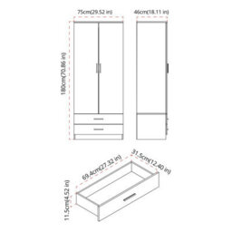 Urbn-Living High Gloss 2-Door 2-Drawer Wardrobe With Storage Shelf, And Hanging Space - 180X75X46Cm - thumbnail 7
