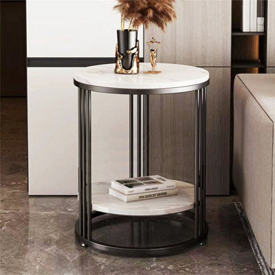 Fativo 2 Tiers Sintered Stone Marble Round Sofa Side Table Sintered Stone Top Marble Effect/black Frame - image 1