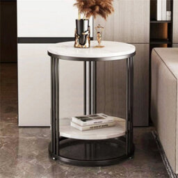 Fativo 2 Tiers Sintered Stone Marble Round Sofa Side Table Sintered Stone Top Marble Effect/black Frame