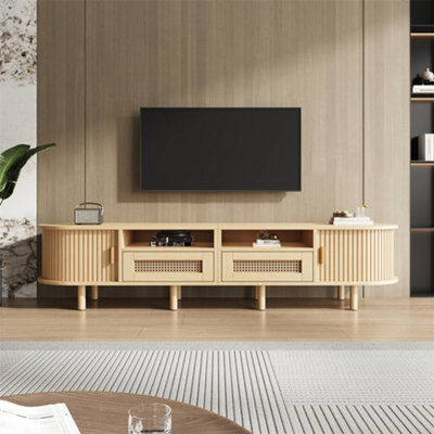 Abrihome Tv Stand With 2 Rattan Drawer And 2 Sliding Doors, Oval Tv Cabinet Storage Sideboard With Rounded Corners, Oak, Mdf - image 1