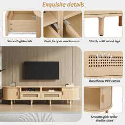 Abrihome Tv Stand With 2 Rattan Drawer And 2 Sliding Doors, Oval Tv Cabinet Storage Sideboard With Rounded Corners, Oak, Mdf - thumbnail 3