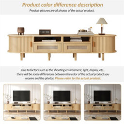Abrihome Tv Stand With 2 Rattan Drawer And 2 Sliding Doors, Oval Tv Cabinet Storage Sideboard With Rounded Corners, Oak, Mdf - thumbnail 2
