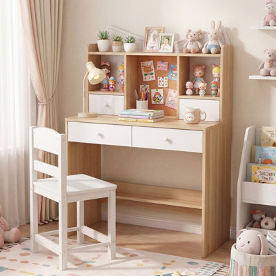 Gainoom Kids Natural + White Study Desk And Chair Set Student Writing Table With Chair Children Computer Workstation - image 1