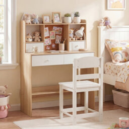 Gainoom Kids Natural + White Study Desk And Chair Set Student Writing Table With Chair Children Computer Workstation - thumbnail 3