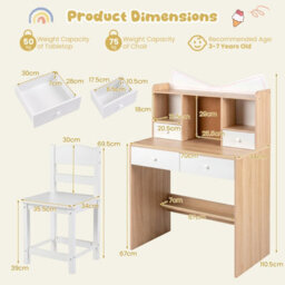 Gainoom Kids Natural + White Study Desk And Chair Set Student Writing Table With Chair Children Computer Workstation - thumbnail 2