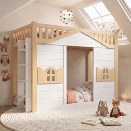 Btm Kids House Bunk Bed, 90X190Cm Wooden Loft Bed With Window Design, Lower Play Area Or Bed Space, White  And Natural - thumbnail 5