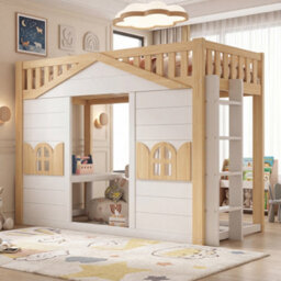 Btm Kids House Bunk Bed, 90X190Cm Wooden Loft Bed With Window Design, Lower Play Area Or Bed Space, White  And Natural - thumbnail 4