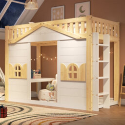 Btm Kids House Bunk Bed, 90X190Cm Wooden Loft Bed With Window Design, Lower Play Area Or Bed Space, White  And Natural - thumbnail 3
