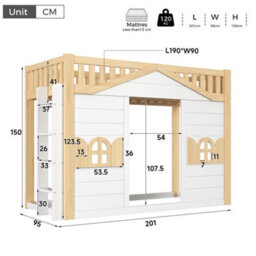 Btm Kids House Bunk Bed, 90X190Cm Wooden Loft Bed With Window Design, Lower Play Area Or Bed Space, White  And Natural - thumbnail 6
