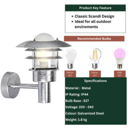Nordlux Lonstrup 22 Outdoor Wall Light, Classic Porch Lantern, Galvanized - thumbnail 7