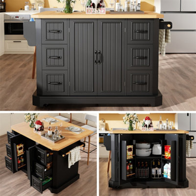 Abrihome Mobile Kitchen Island Cart On Wheels - Cabinet With 2 Doors & 6 Drawers, Adjustable Width 45-75Cm, White/black - image 1
