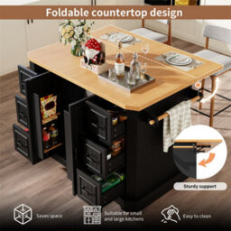 Abrihome Mobile Kitchen Island Cart On Wheels - Cabinet With 2 Doors & 6 Drawers, Adjustable Width 45-75Cm, White/black - thumbnail 4