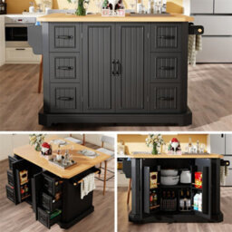 Abrihome Mobile Kitchen Island Cart On Wheels - Cabinet With 2 Doors & 6 Drawers, Adjustable Width 45-75Cm, White/black - thumbnail 1