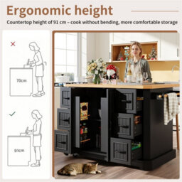 Abrihome Mobile Kitchen Island Cart On Wheels - Cabinet With 2 Doors & 6 Drawers, Adjustable Width 45-75Cm, White/black - thumbnail 2