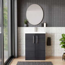 Balterley Contemporary Bathroom Floor Standing 2 Soft-Close Door Vanity Unit & Mid-Edge Ceramic Basin, Charcoal Black, 600 mm - thumbnail 2