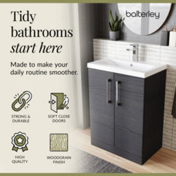 Balterley Contemporary Bathroom Floor Standing 2 Soft-Close Door Vanity Unit & Mid-Edge Ceramic Basin, Charcoal Black, 600 mm - thumbnail 7
