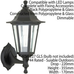 Ip44 Outdoor Wall Light Black Rust Proof & Glass Lamp Traditional Porch Lantern - thumbnail 2