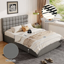 Merax 4Ft6 Double Upholstered Bed 135 X 190 Cm, Hydraulic Storage Bed With 3 Drawers, Soft Headboard And Pu Finish, Grey - thumbnail 6