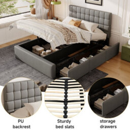 Merax 4Ft6 Double Upholstered Bed 135 X 190 Cm, Hydraulic Storage Bed With 3 Drawers, Soft Headboard And Pu Finish, Grey - thumbnail 5