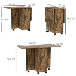 Homcom Folding Dining Table For 4-6 Drop Leaf Table On Wheels Rustic Brown - thumbnail 3