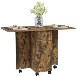 Homcom Folding Dining Table For 4-6 Drop Leaf Table On Wheels Rustic Brown - thumbnail 2