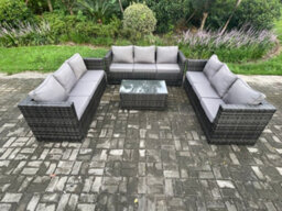 Fimous Outdoor Lounge Sofa Set Wicker Pe Rattan Garden Furniture Set With Oblong Coffee Table Dark Grey Mixed - thumbnail 2