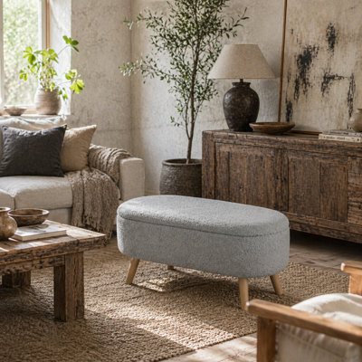 Wyld Haus Mael Charcoal Teddy Fleece Storage Ottoman - Rectangular With Natural Wooden Legs - image 1