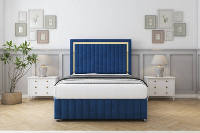 "Sloomy Boston Gold Navy Plush Divan Bed Set 2 Drawers Foot-End With 54"" Floor Standing & 12"" Footboard 4' Small Double" - image 1