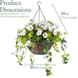 Christow Artificial Petunia Wicker Hanging Basket Uv Resistant Foliage White 30Cm - thumbnail 7