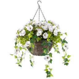 Christow Artificial Petunia Wicker Hanging Basket Uv Resistant Foliage White 30Cm