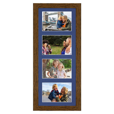 AK Frames 50X20Cm Dark Oak Modern Multi Photo Frame With Blue Mount - Holds 4 Apertures (4X) 6X4 Photos - image 1