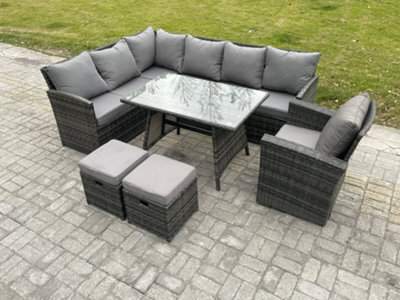 Fimous Wicker Rattan Garden Furniture Corner Sofa Set With Oblong Dining Table 2 Small Footstools Chair - image 1