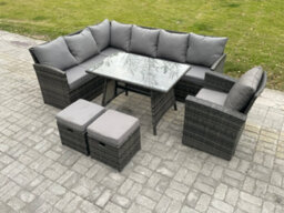 Fimous Wicker Rattan Garden Furniture Corner Sofa Set With Oblong Dining Table 2 Small Footstools Chair - thumbnail 1