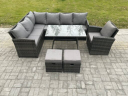 Fimous Wicker Rattan Garden Furniture Corner Sofa Set With Oblong Dining Table 2 Small Footstools Chair - thumbnail 2