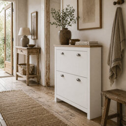 Wyld Haus Neneka Slim White Wooden Shoe Cabinet With 2 Flip Drawers, Holds 12 Pairs, 79W X 23D X 90.5H Cm - thumbnail 1