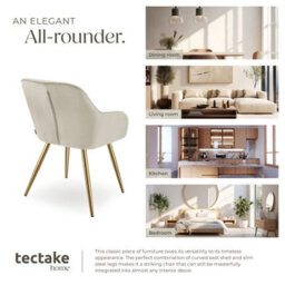 Tectake Set Of 6 Dining Chair Marilyn - Quilted Velvet, Continuous Backrest, Gold Steel Legs  - Cream/gold - thumbnail 7