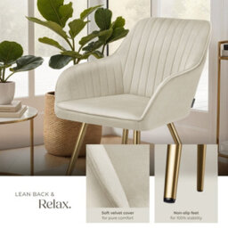 Tectake Set Of 6 Dining Chair Marilyn - Quilted Velvet, Continuous Backrest, Gold Steel Legs  - Cream/gold - thumbnail 4